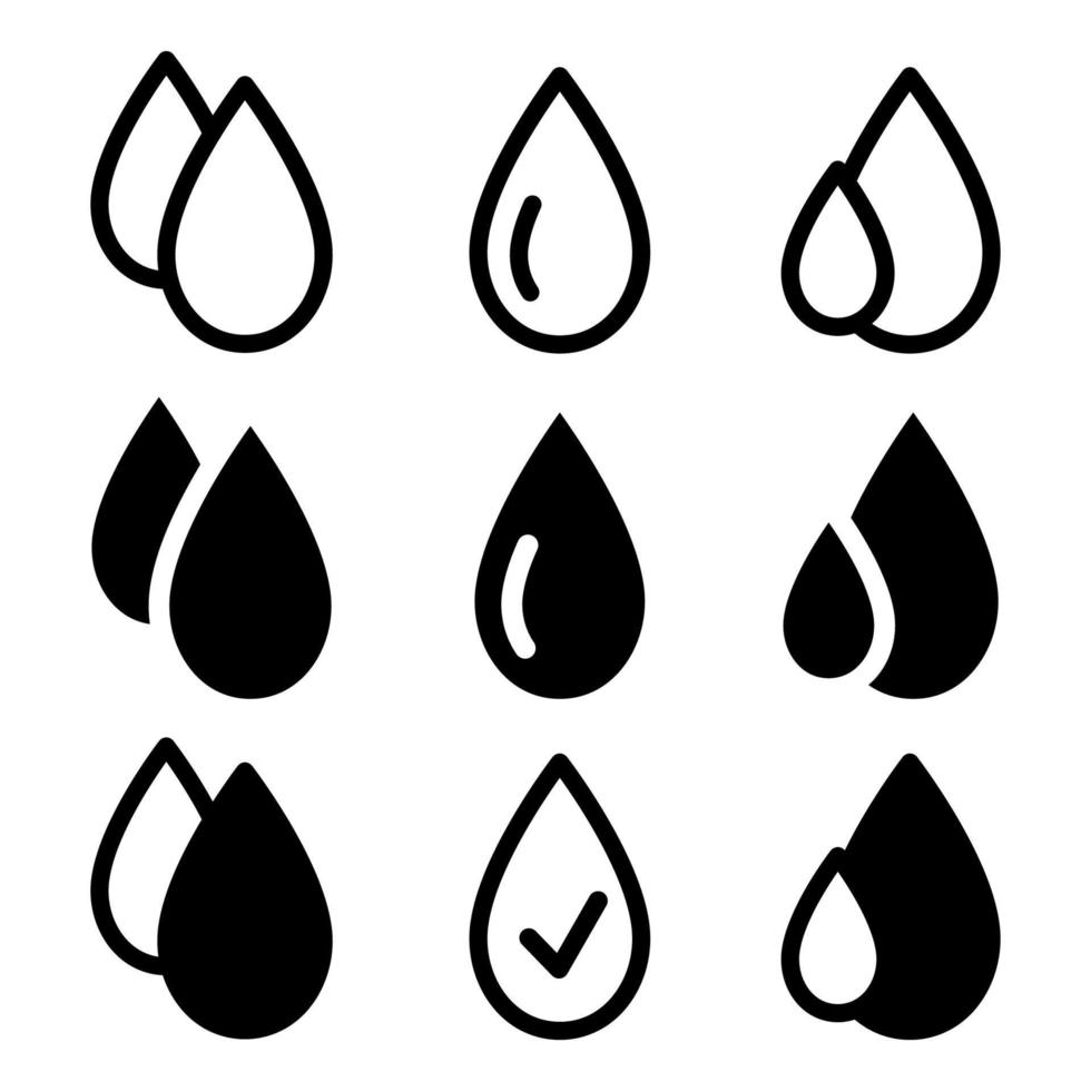 set van zwarte kleur waterdruppels. platte druppel vormen collectie. vloeibaar symbool vector