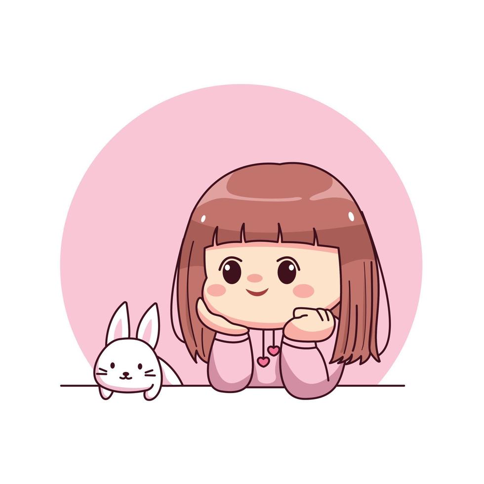 schattig en kawaii meisje met roze hoodie konijntje en schattig konijn cartoon manga chibi karakter vector