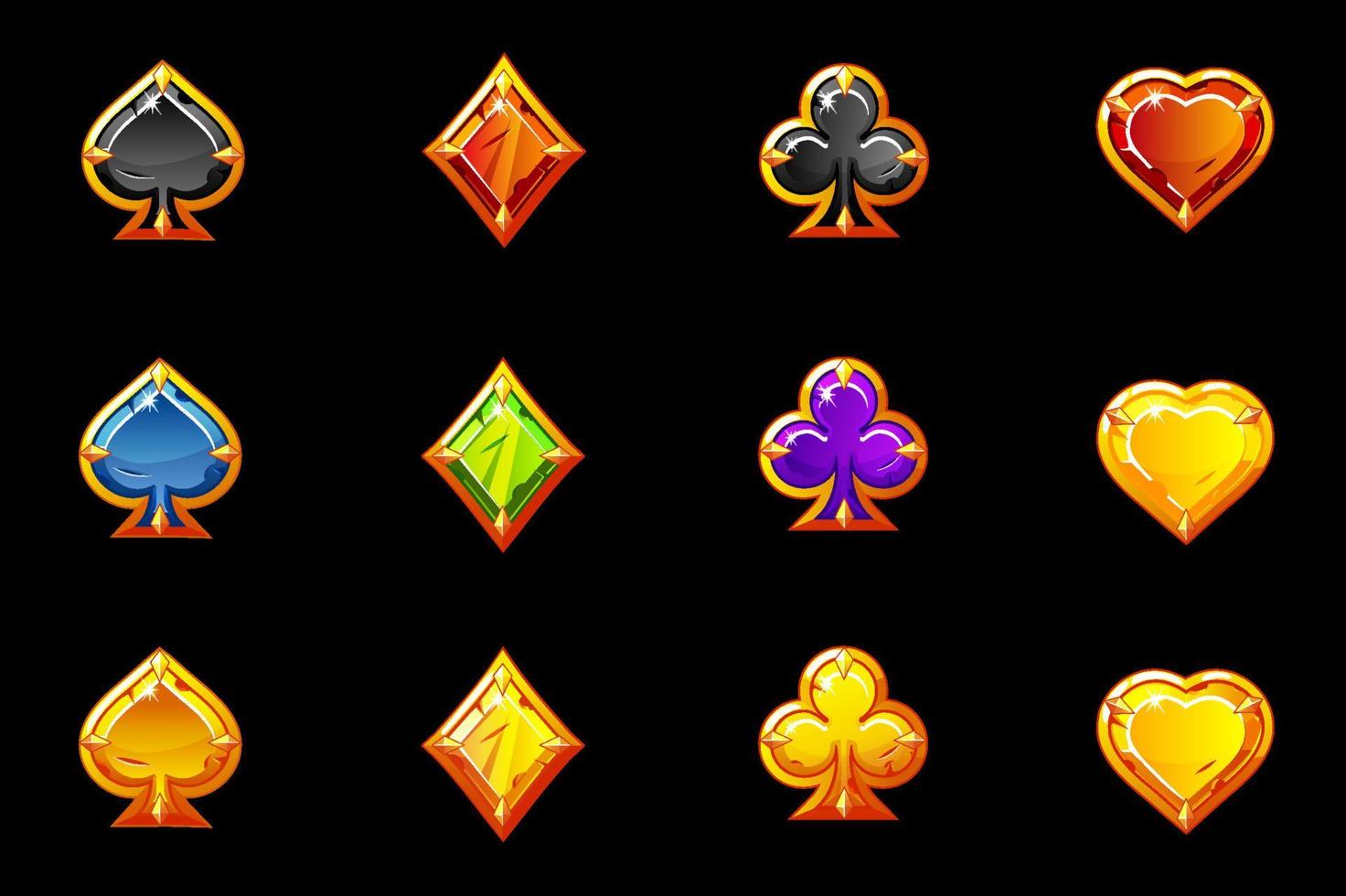 symbolen van heldere speelkaarten van verschillende kleuren. set van goud en kostbare geïsoleerde kaart iconen. vector