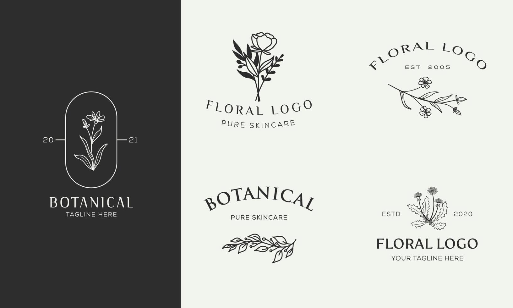 set van botanische bloemen element hand getekende logo met wilde bloemen en bladeren. logo voor spa en schoonheidssalon, boetiek, biologische winkel, bruiloft, floral designer, interieur, fotografie, cosmetica. vector