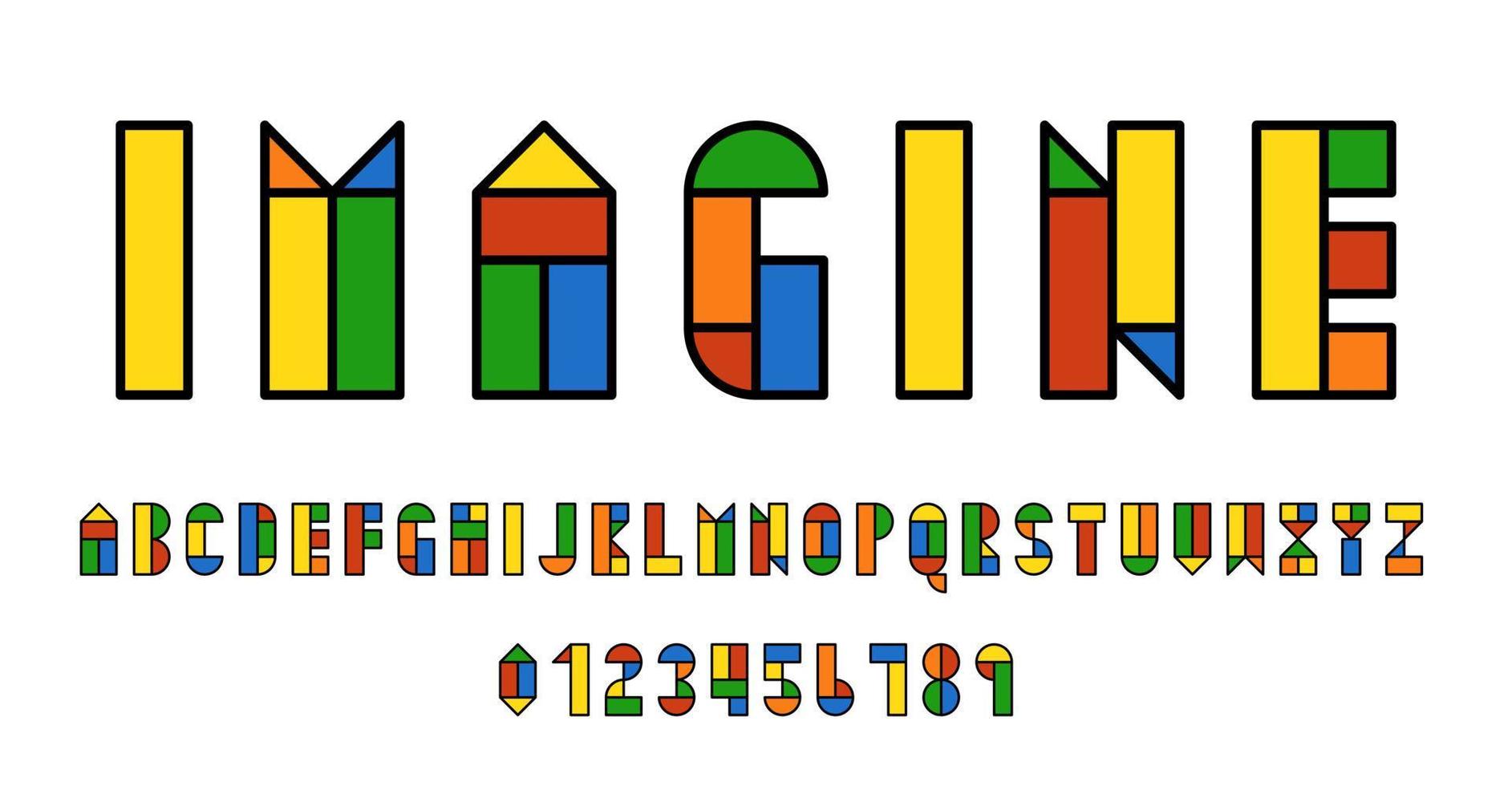 set van alfabetten lettertype letters en cijfers modern abstract ontwerp met kleurrijke geometrische vormen vectorillustratie vector
