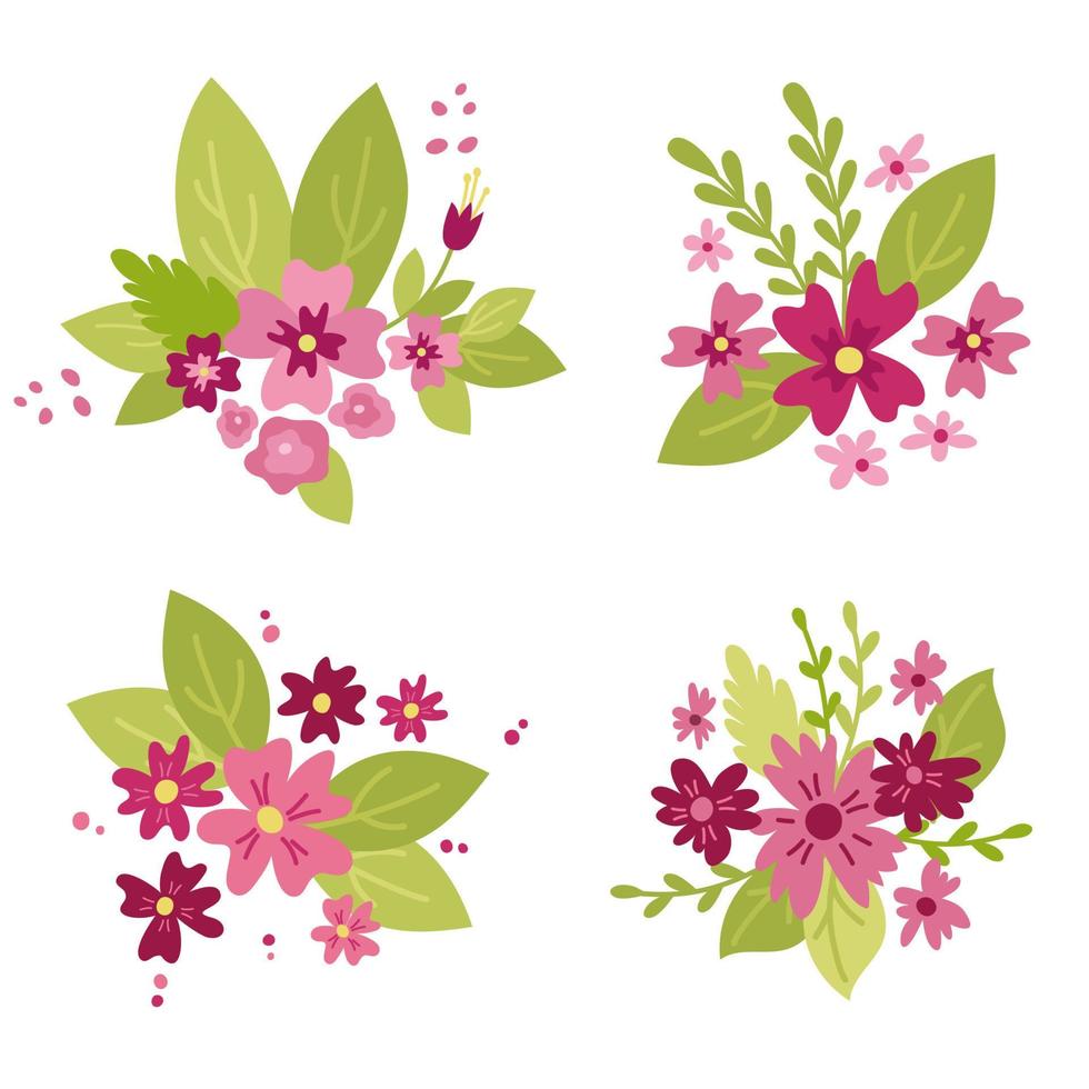boeketten met tuinbloemen. mooie composities met verschillende bladeren. vectorillustratie geïsoleerd. voor wenskaarten, bedrukking op stof. vector