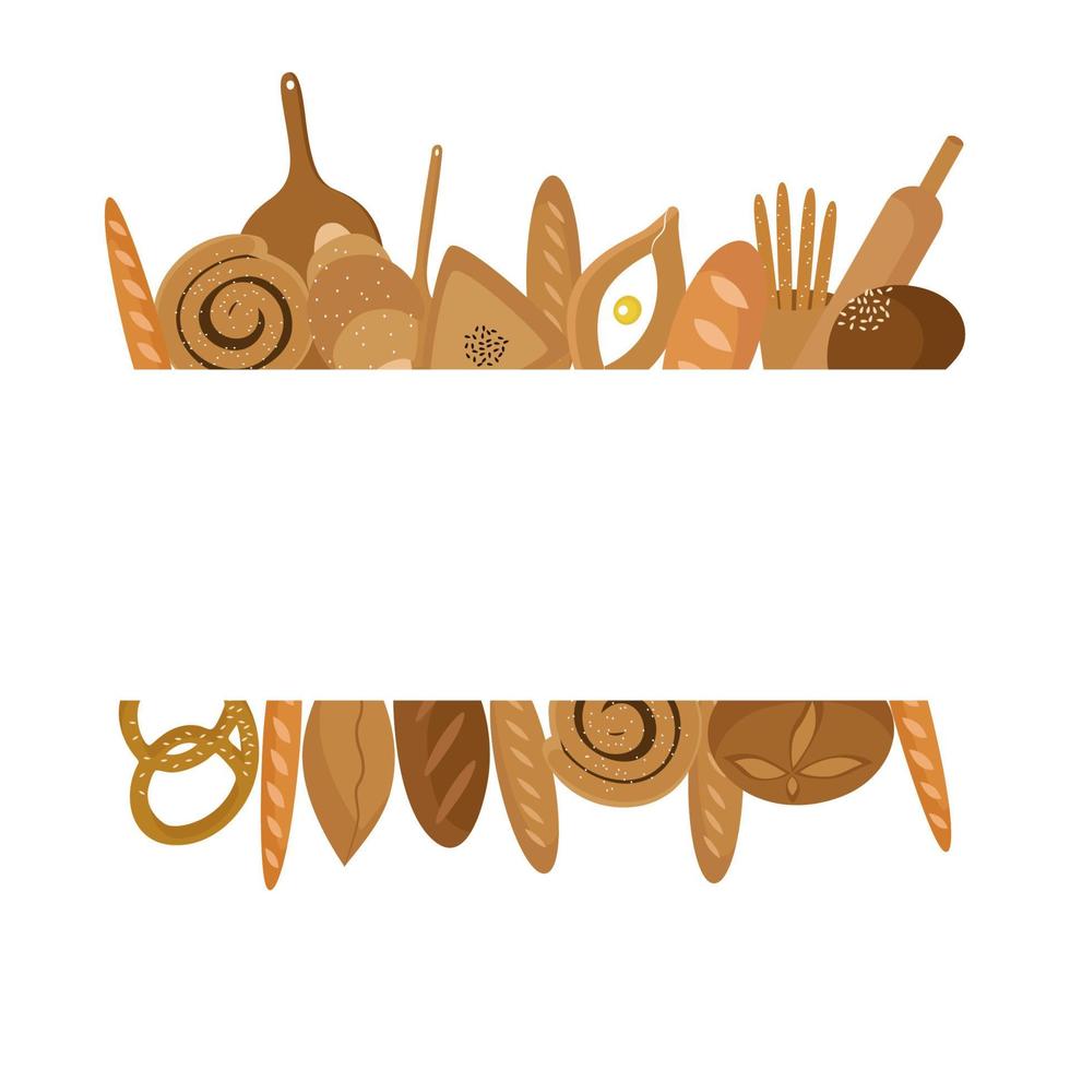 een frame voor een tekst gemaakt van broodproducten. broodjes, broden, baguettes, krakeling, croissant. vectorillustratie geïsoleerd. vector