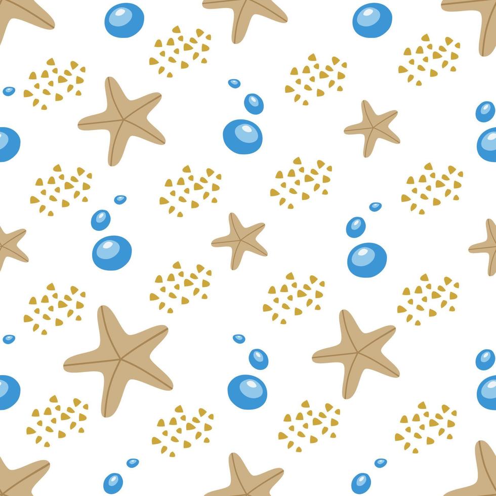 een naadloos patroon met zeester, ongewervelde bewoners van de onderwaterwereld. in beige en blauwe kleur. vectorillustratie. voor decoratie, bedrukking op stof of papier. vector
