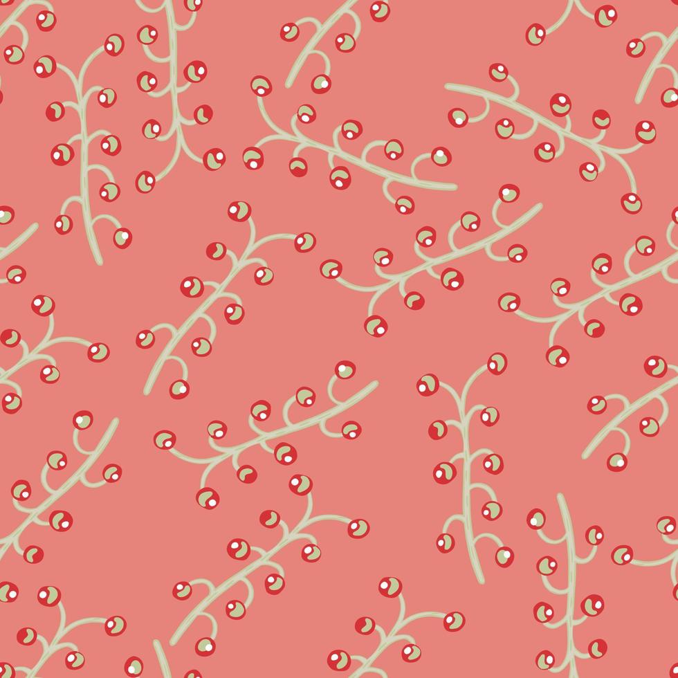 willekeurig naadloos patroon met hand getrokken bessentakkenornament. pastel roze achtergrond. doodle kunstwerk. vector