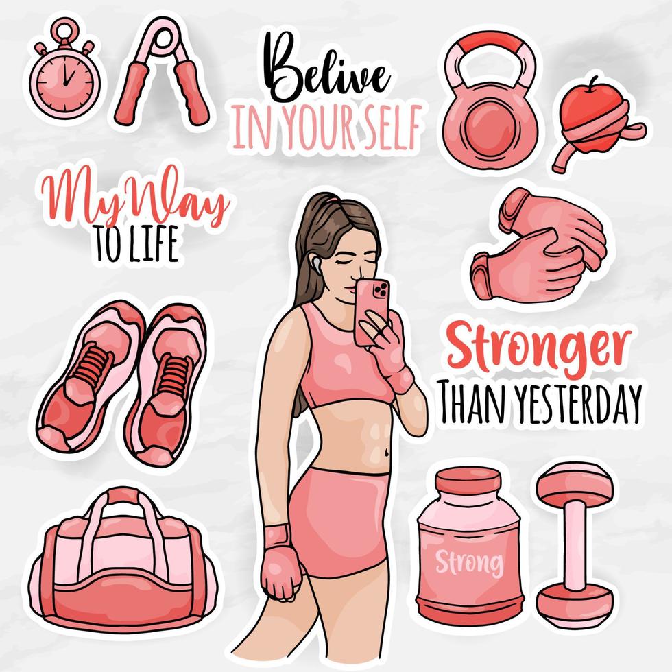 mooie vrouwen sticker clip art collecties set met meisje gym apparatuur vector