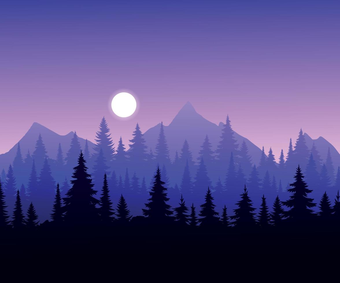 silhouet landschap met mist, bos, pijnbomen, paarse bergen. illustratie van weergave, mist en zonsondergang. goed voor behang, achtergrond, spandoek, omslag, poster. vector