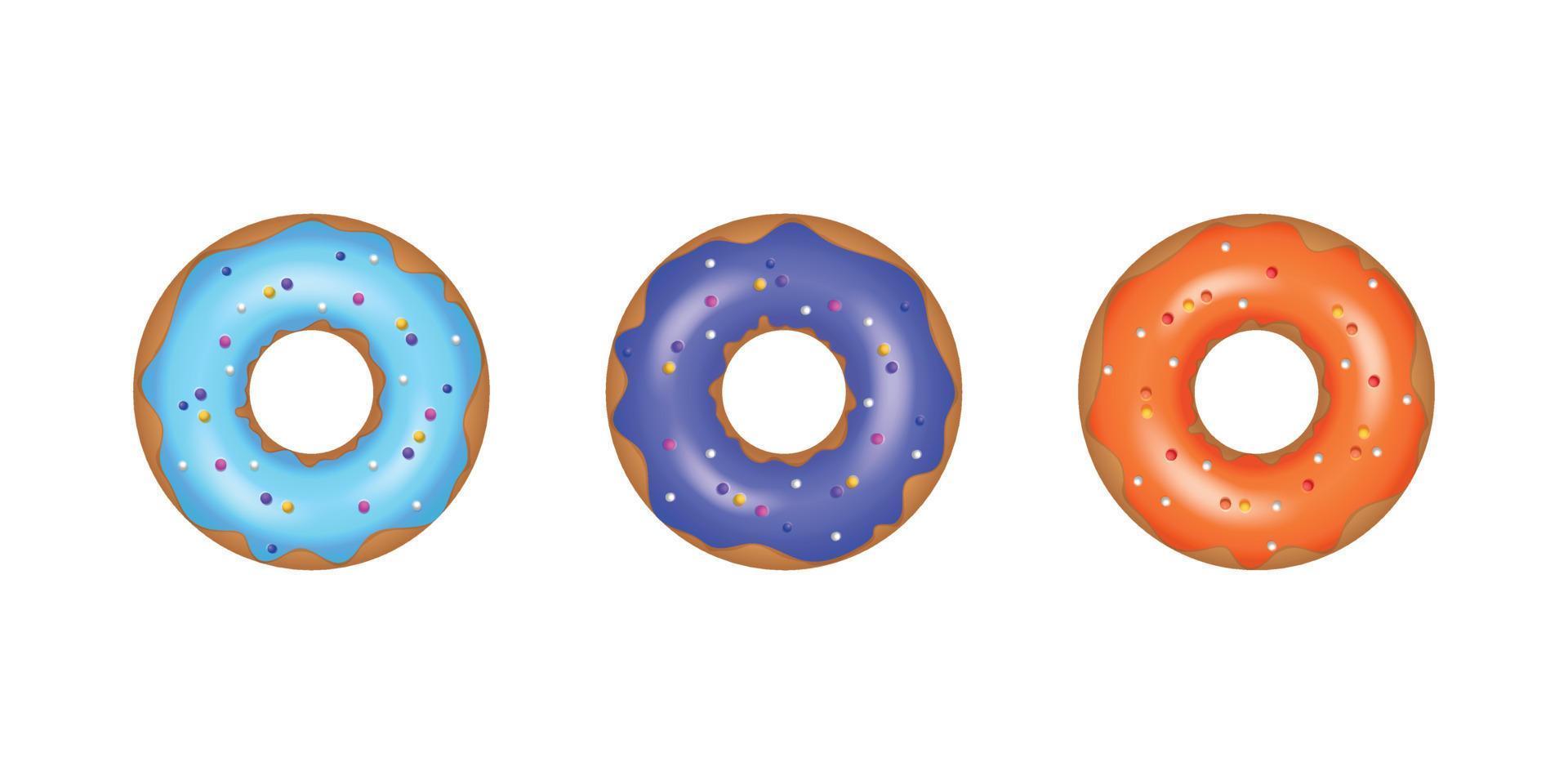 set cartoon kleurrijke donuts. heldere heerlijke zoete donut met suikerkaramel gekleurd glazuur en versierd met kleurrijke decoratieve elementen. zinklood voor menu-ontwerp, café-decoratie, bezorging. vector