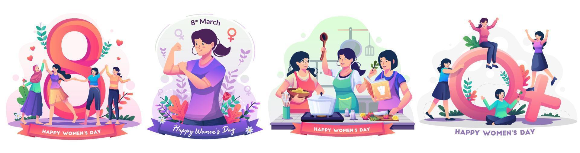 set van internationale vrouwendagconcept met gelukkige diverse vrouwen vieren vrouwendag. vrouwen koken in de keuken. vrijheid, onafhankelijkheid, gelijkheid. vlakke stijl vectorillustratie vector