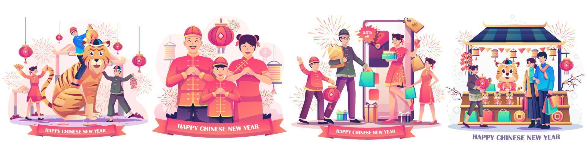 set van chinees nieuwjaar met mensen viert het nieuwe maanjaar. kinderen spelen met een dierenriem leeuw. familie online winkelen. paar winkelen in straatmarkt winkel. vlakke stijl vectorillustratie vector