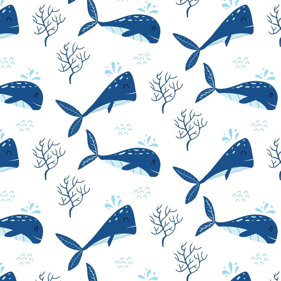 kinderpatroon met blauwe vinvissen. geklets met schattige walvis en narwal. geschikt voor stoffen, inpakpapier en prints. vector