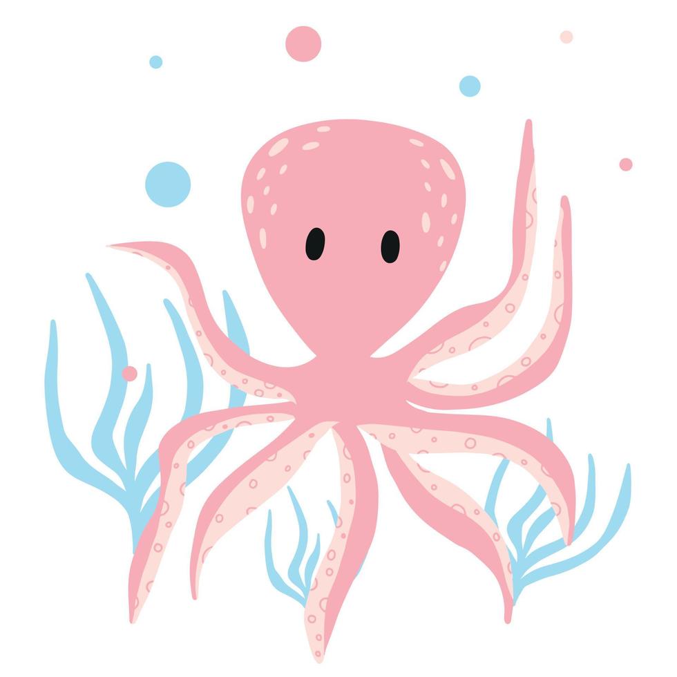 kinder illustratie van schattige octopus met zeewier. handgetekende roze octopus in cartoon-stijl. geschikt voor prenten, posters. ansichtkaarten. vector