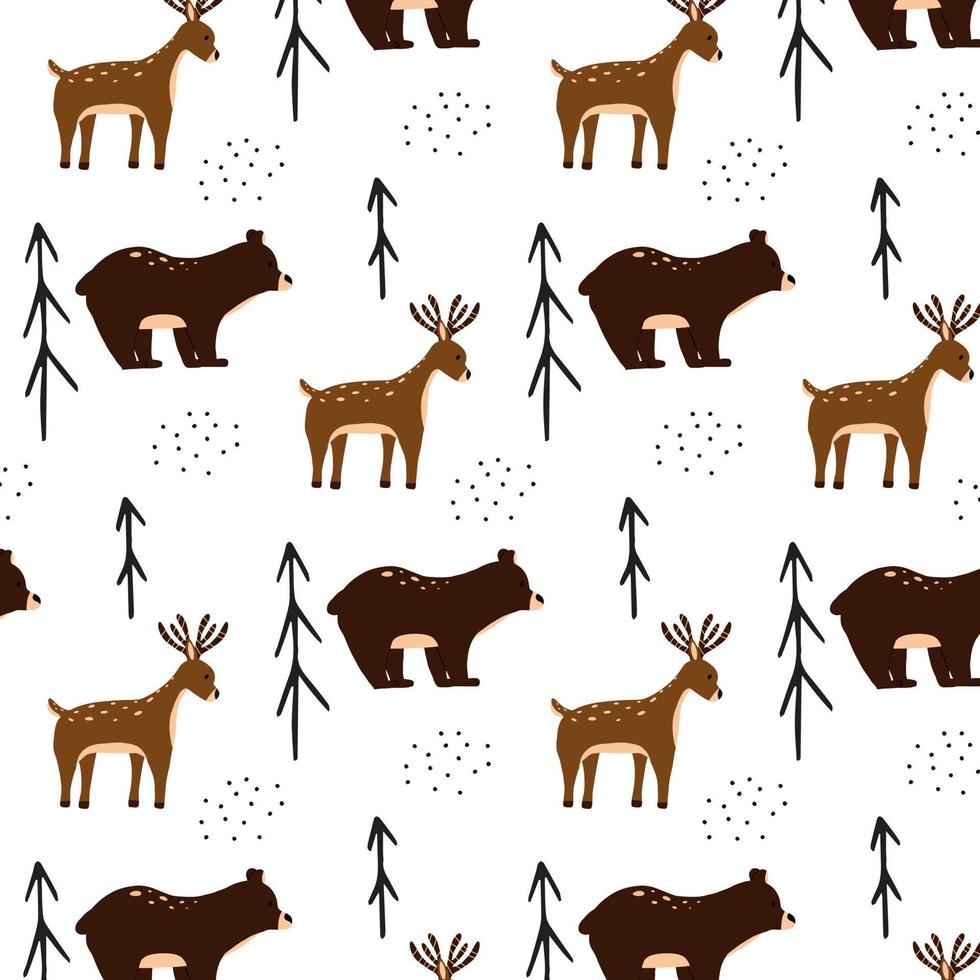 kinderachtig patroon met herten en beer. handgetekende patroon met bosdieren. vector