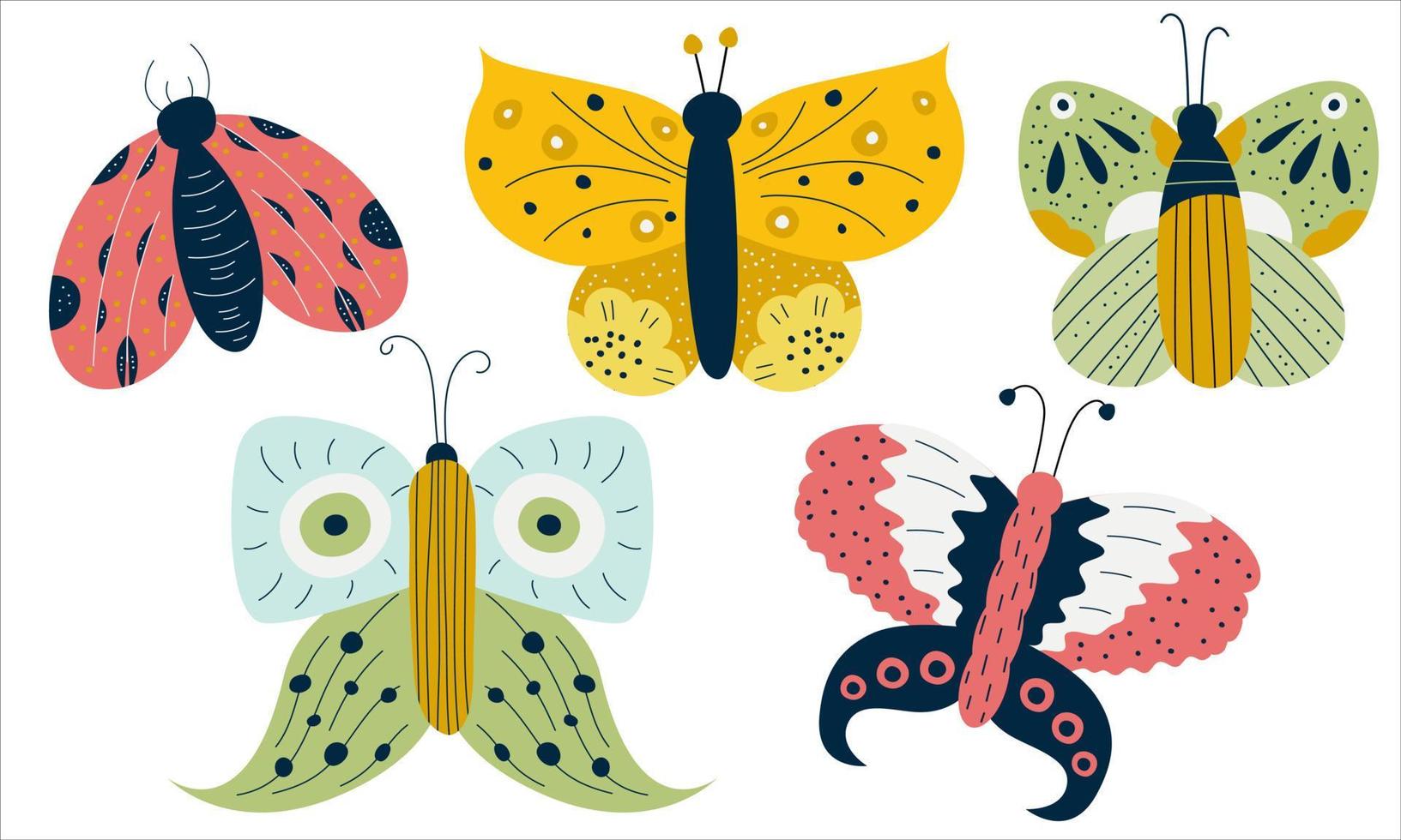 set Scandinavische vlinder en nachtvlinder geïsoleerd op een witte achtergrond. insecten met kleurrijke vleugels voor kinderontwerp. hand getekende lente vector set