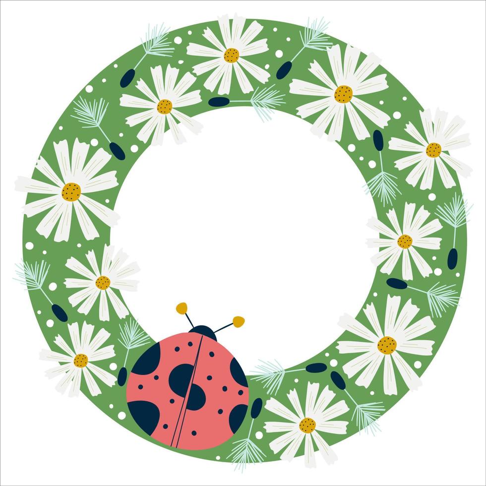 frame ronde lente met lieveheersbeestje en kamille bloemen geïsoleerd op wit background.chamomile en insecten met paardebloemen op een groene achtergrond. vectorillustratie in vlakke stijl. vector