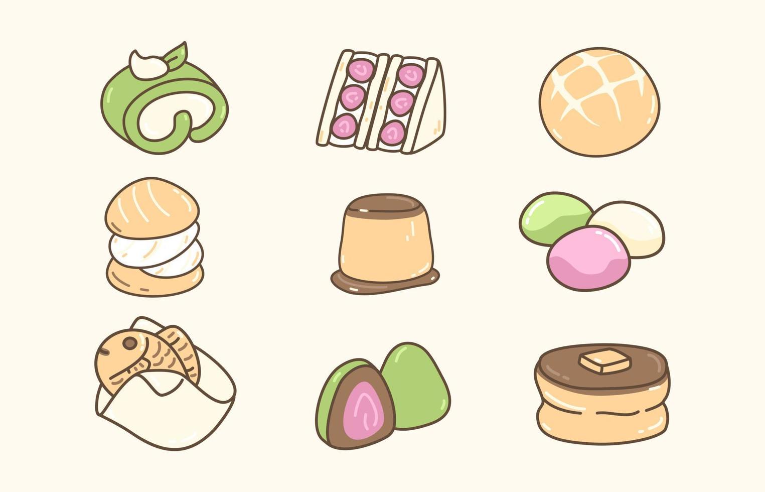 Japanse dessertvoedselvector. traditionele zoete menu set keuken geïsoleerd. heerlijke menu-illustratie vector