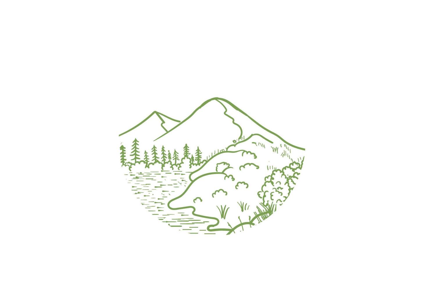 berg dennenbos met meer rivier kreek en eiland logo ontwerp vector