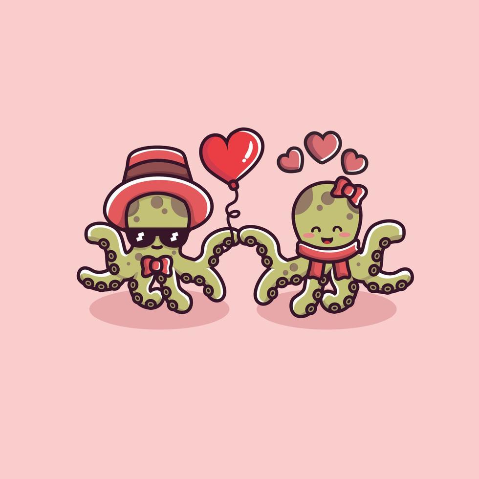Valentijnsdag paar octopus karakter met hart ballonnen. schattige dierenkoppels vector