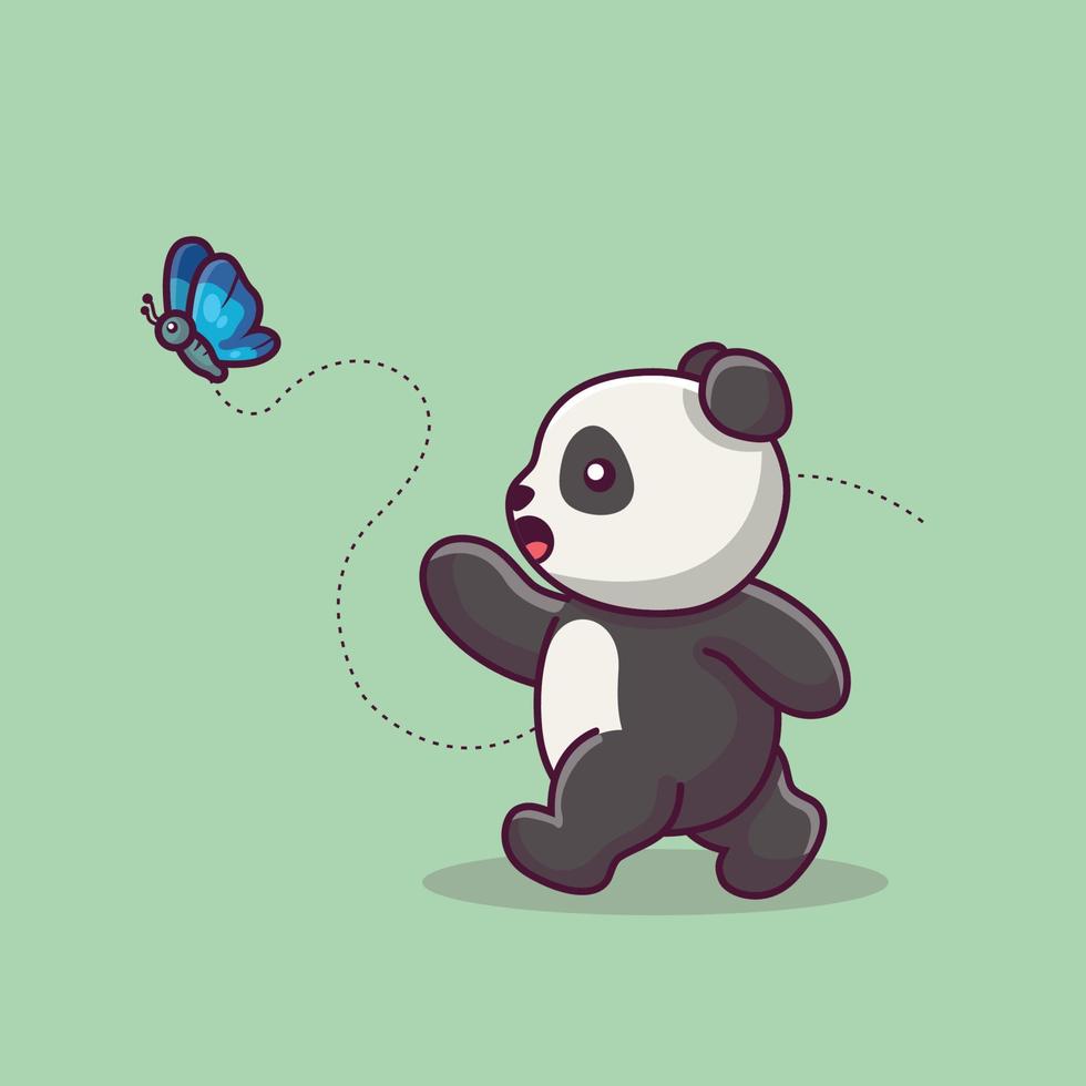 schattige panda die vlinder cartoonillustratie vangt vector