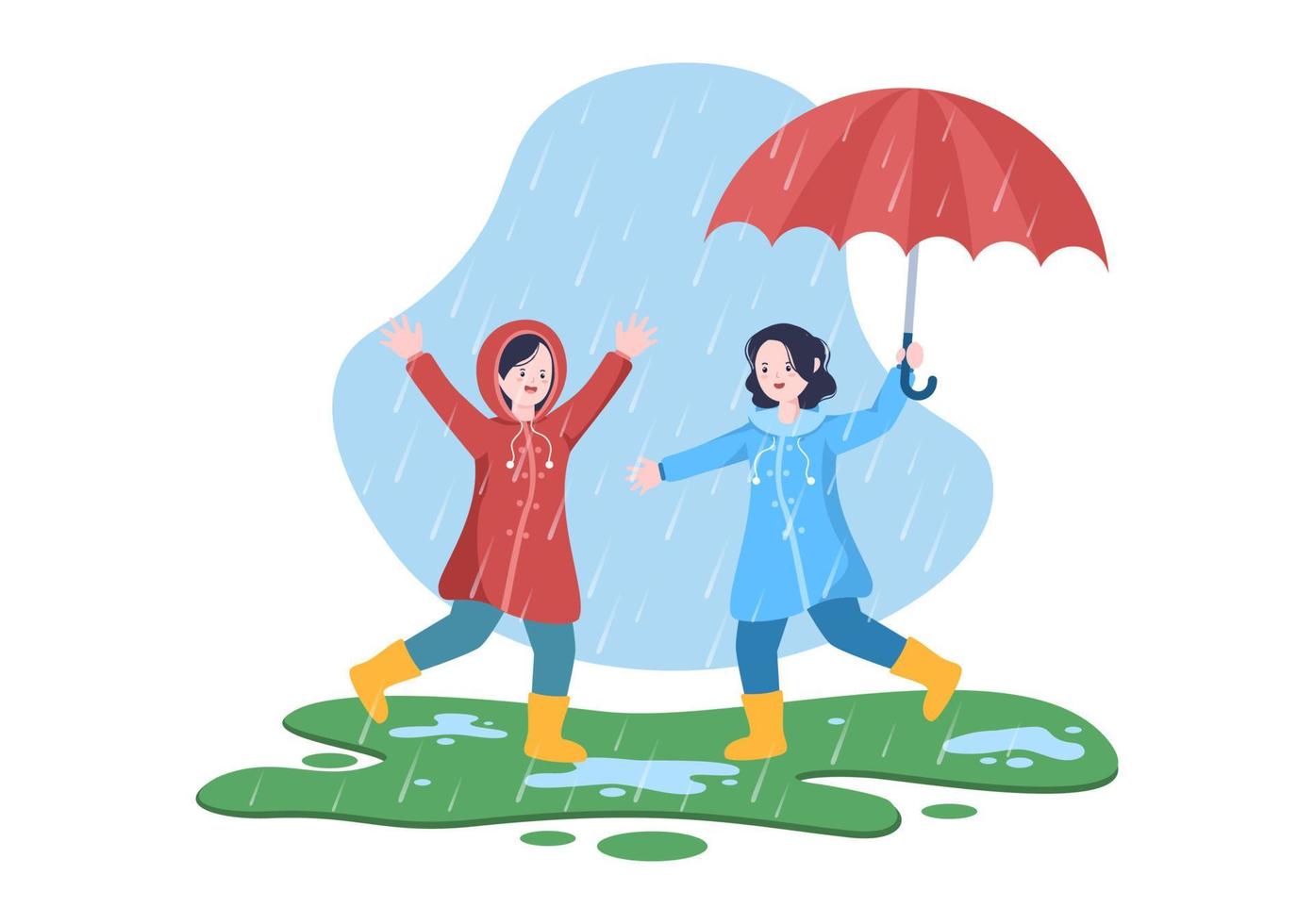 schattig kind met regenjas, rubberen laarzen en paraplu in het midden van regenbuien. platte achtergrond cartoon vectorillustratie voor spandoek of poster vector