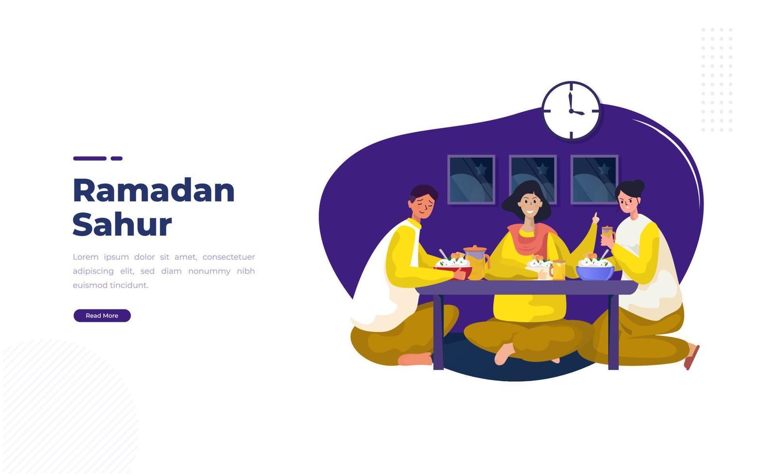 moslimfamilie die vroeg eet voor ramadan sahur-concept vector