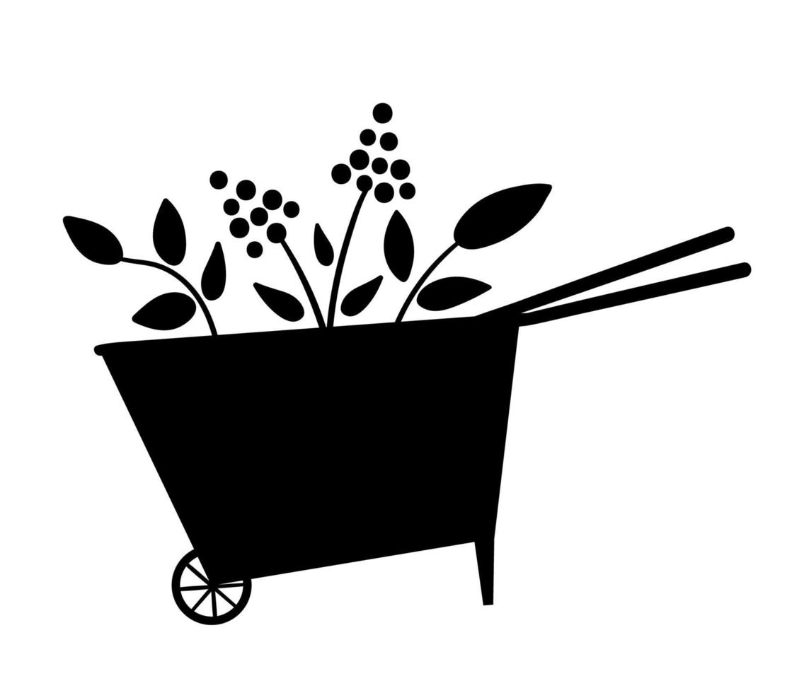 vector schattig kruiwagen silhouet pictogram geïsoleerd op een witte achtergrond. platte lente tuin gereedschap illustratie. grappige foto van tuingereedschap voor kinderen.