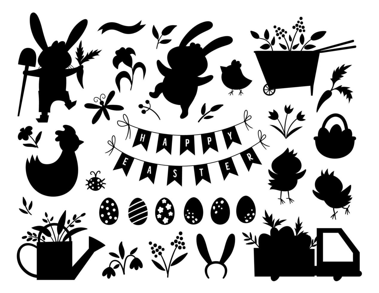 vector Pasen silhouetten instellen. vectorpakket met schattig konijntje, eieren, vogels, kuikens, mand zwarte schaduwen. lente grappige illustratie. schattige vakantie iconen collectie