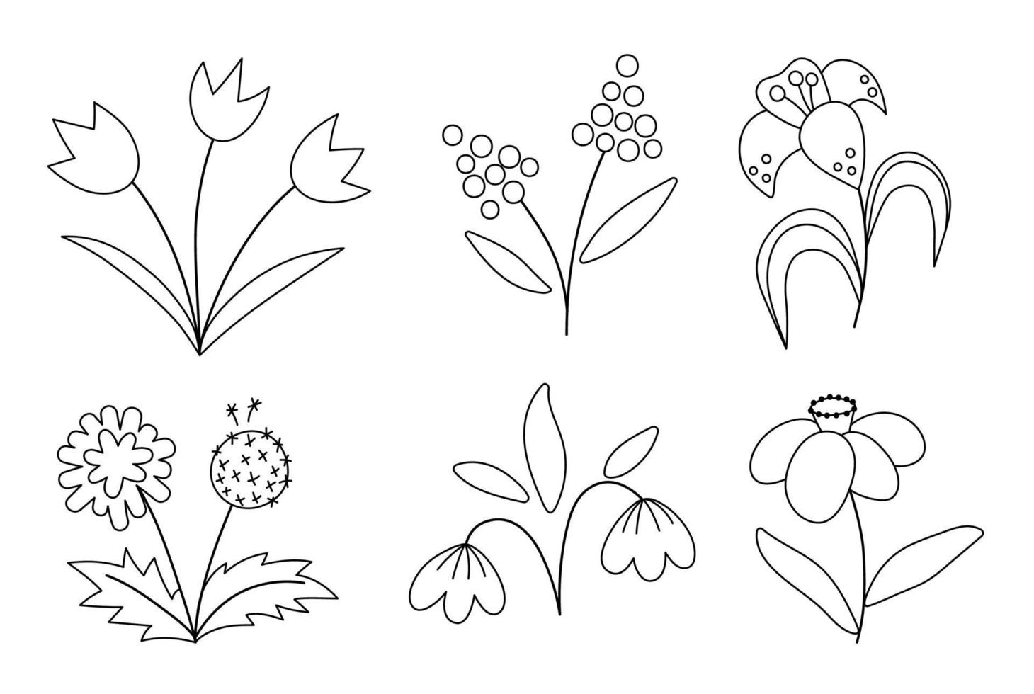 vector schattig zwart-wit lente bloemen pictogrammen instellen. eerste bloeiende planten schetsen illustratie. bloemen clip art collectie of kleurplaat. tulpen, paardebloem, sneeuwklokje, geïsoleerd op een witte achtergrond