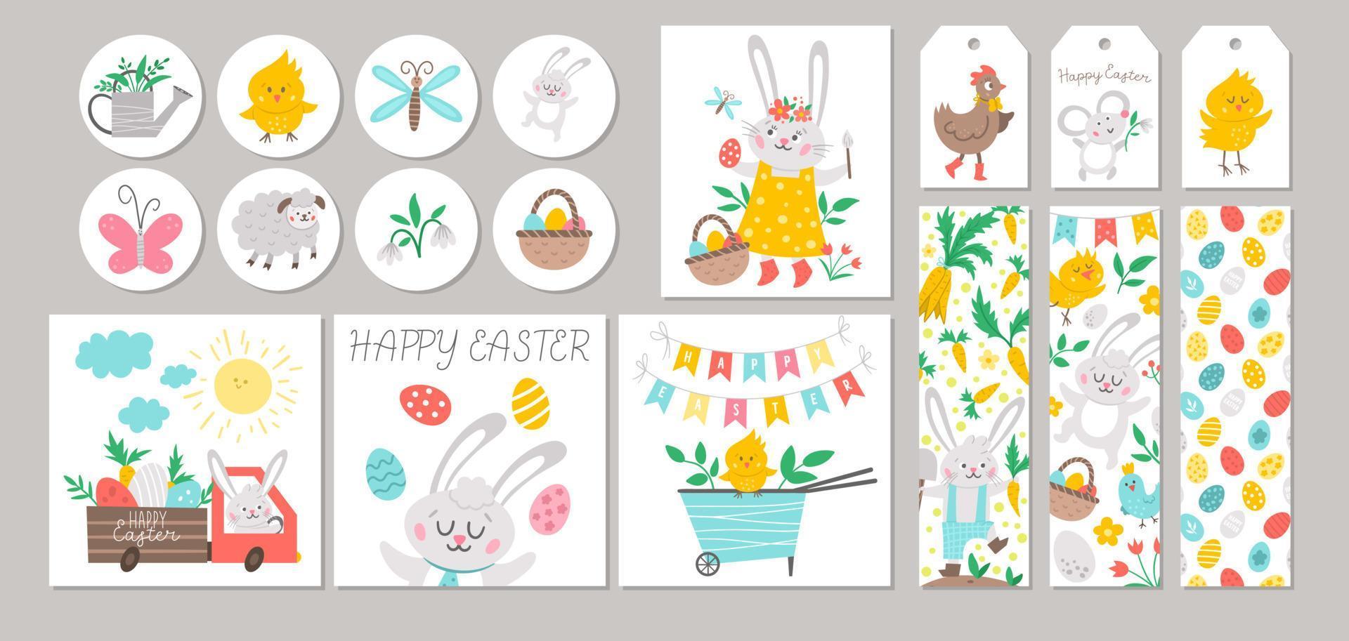 leuke set voorjaarsverkoopkaarten met konijn, gekleurde eieren, bloemen, vogels. vector vierkante, ronde, horizontale, verticale afdruksjablonen. paasvakantie ontwerpen voor tags, ansichtkaarten, verkoop, scrapbooking.