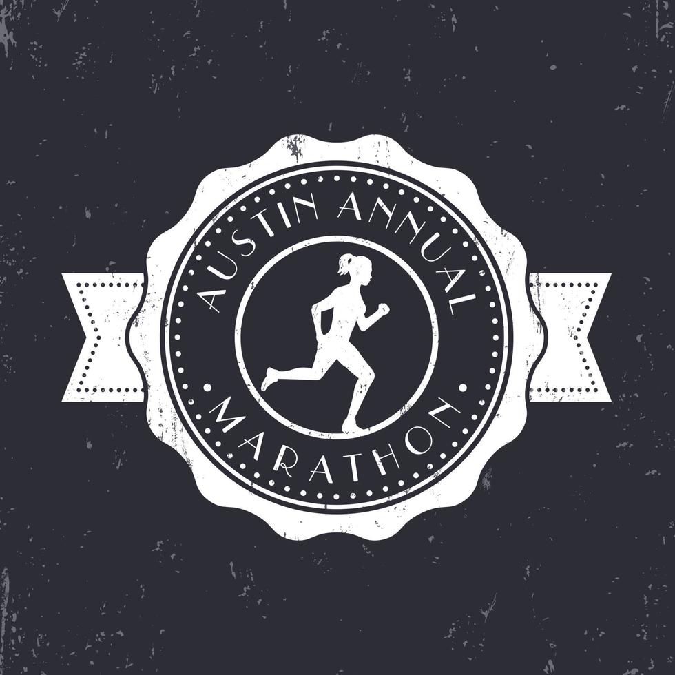 marathon vintage embleem, badge, ronde marathon logo, marathon bord met lopend meisje, vectorillustratie vector