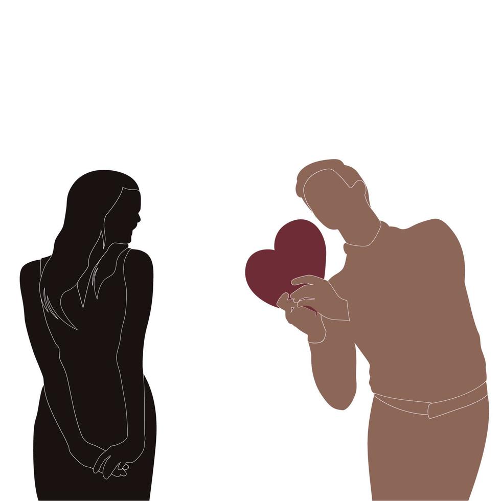 gelukkige Valentijnsdag, jonge man die hartvorm geeft aan vrouwen karakter silhouet op witte achtergrond, karakter illustratie voor jonge paar themaprojecten zoals bruiloft en Valentijnsdag. vector