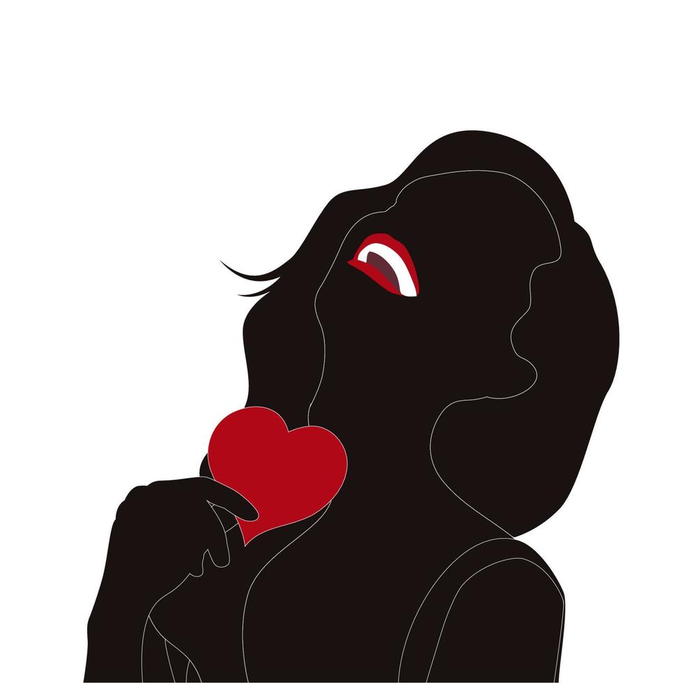 gelukkige Valentijnsdag, jonge vrouwen die hartvorm in de hand houden vector silhouet op witte achtergrond, karakter illustratie voor jonge paar themaprojecten zoals bruiloft en Valentijnsdag.