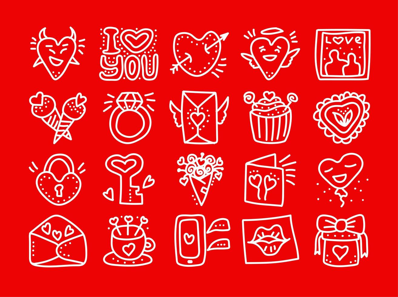 set hand getrokken Valentijnsdag doodle vector iconen. Valentijnsdag liefdesharten, mok, bloemen, cupcakes, drankjes, brieven, ballonnen, slot, berichten pictogrammen