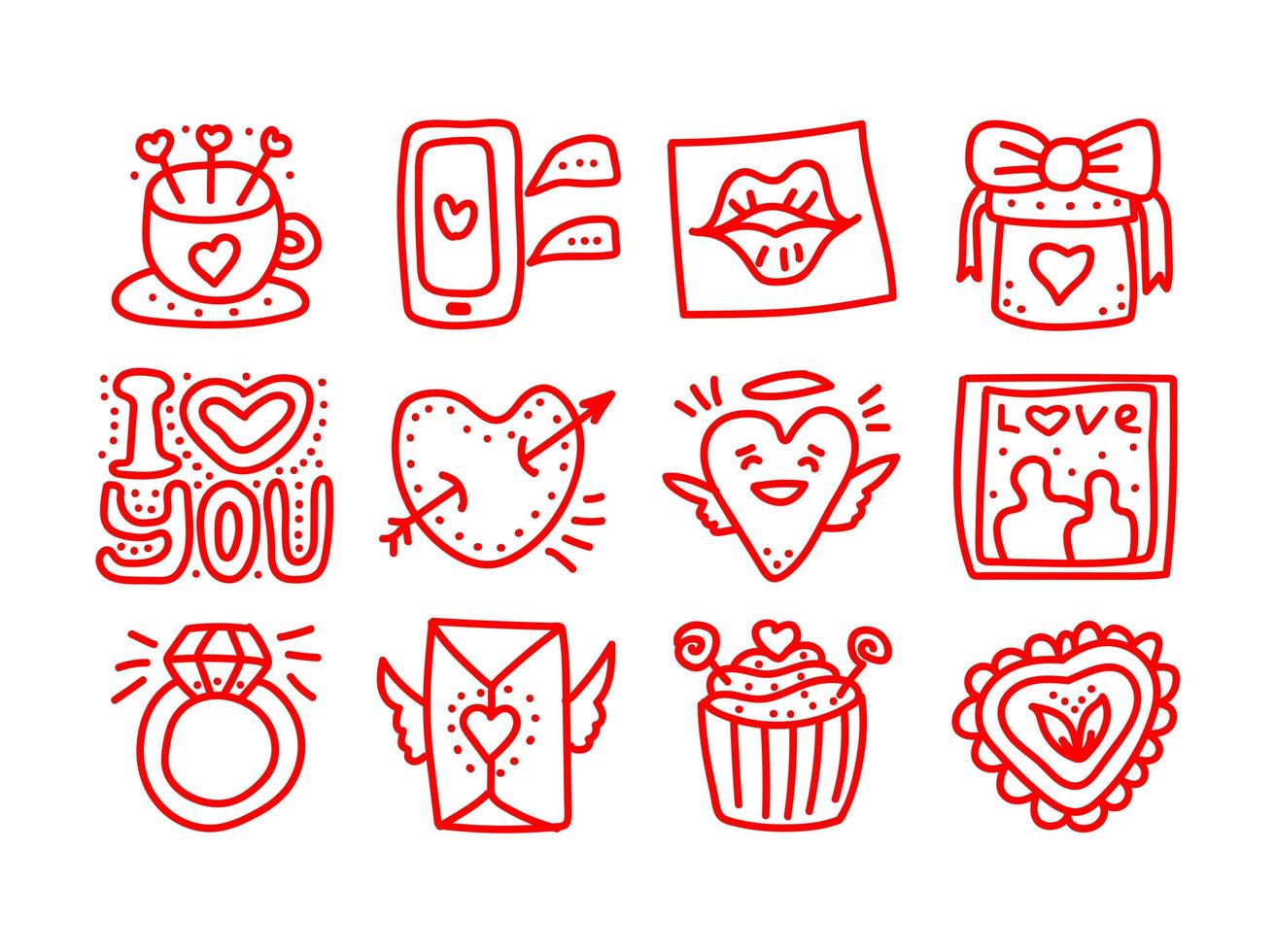 set hand getrokken Valentijnsdag doodle vector iconen. Valentijnsdag liefdesharten, mok, cadeau, mobiele telefoon, lippen, brieven, engel, ring, Cupido, cupcake pictogrammen