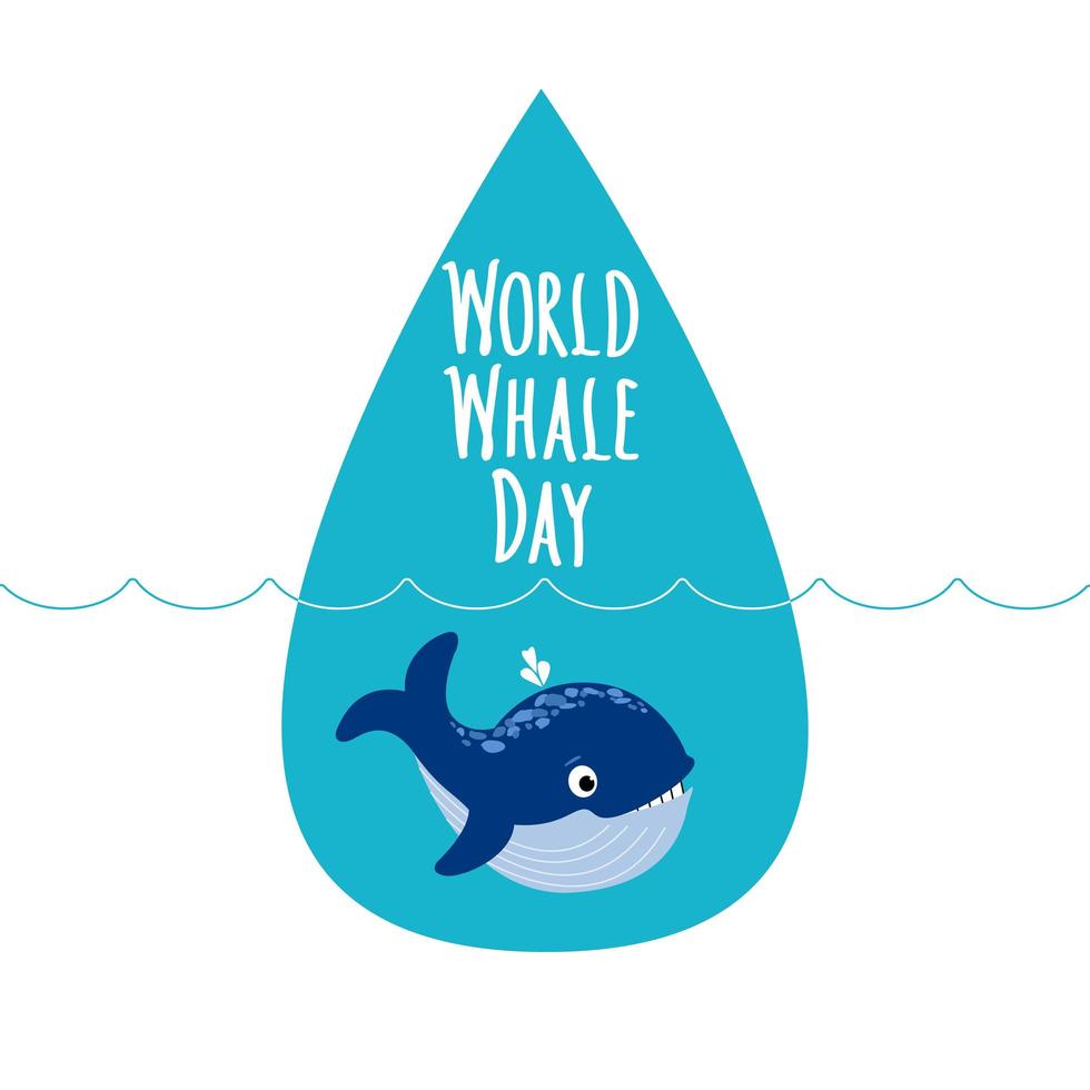 schattige walvis in de blauwe druppel oceaan en golven. wereld walvis dag handgeschreven belettering. wereld walvissen dag abstract teken en walvis. bescherming van zeezoogdieren. platte vectorillustratie voor kaart, banner vector