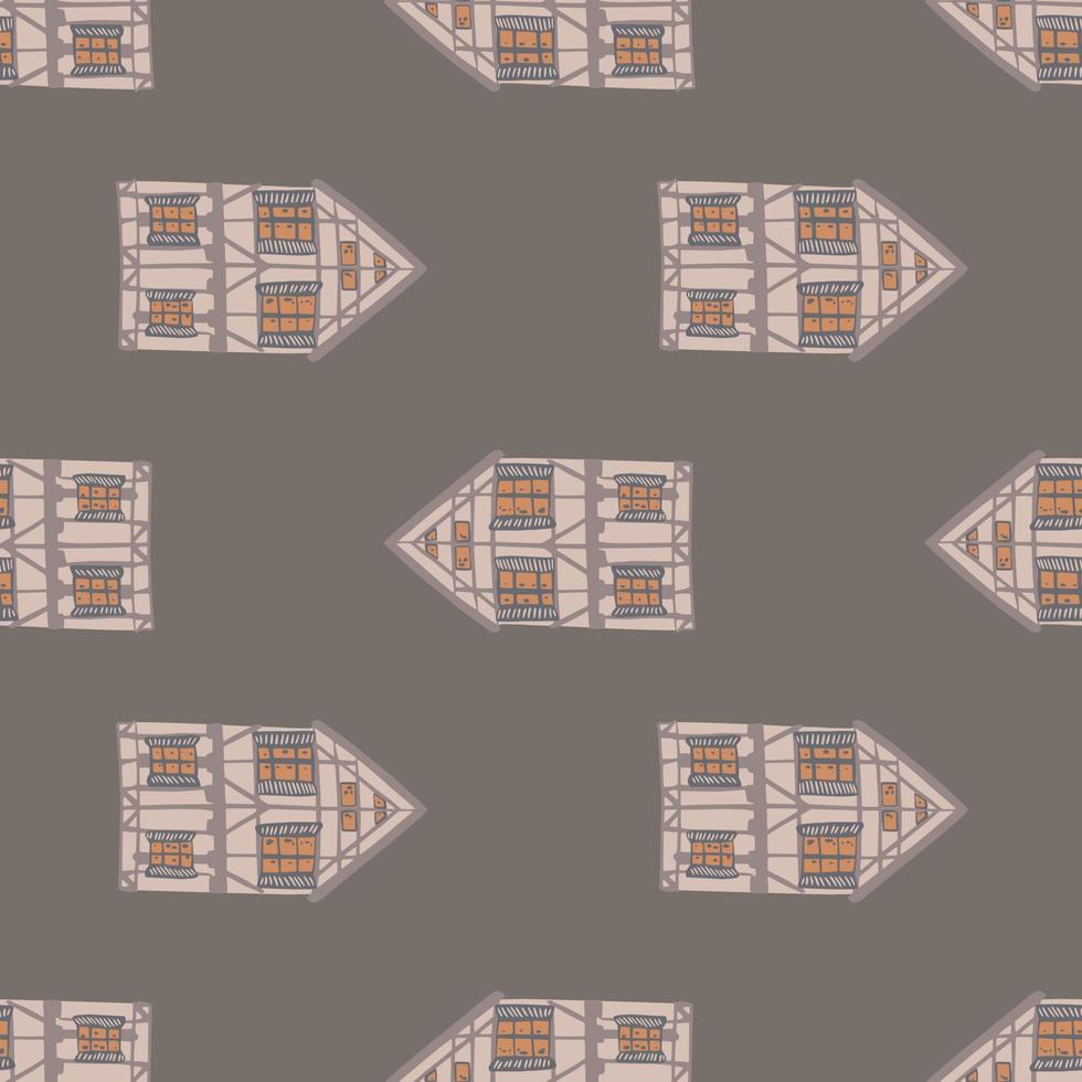 Scandinavisch naadloos patroon met grijs gekleurd huisornament. donkergrijze achtergrond. vector
