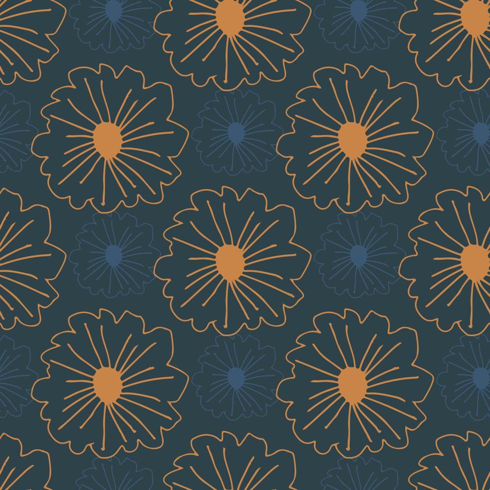 oranje voorgevormde bloemen naadloze patroon op donkerblauwe achtergrond. eenvoudige botanische achtergrond. vector