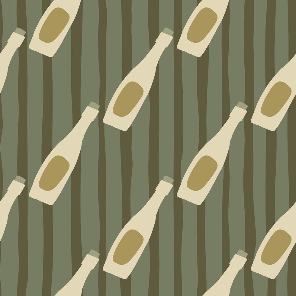 diagonale fles sieraad naadloze patroon. doodle hand getekende acohol vormen in beige tinten op gestripte achtergrond. vector