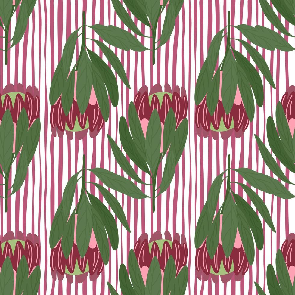 naadloze bloemmotief met groene bladeren en paarse prote bloemen. roze en wit gestreepte achtergrond. vector