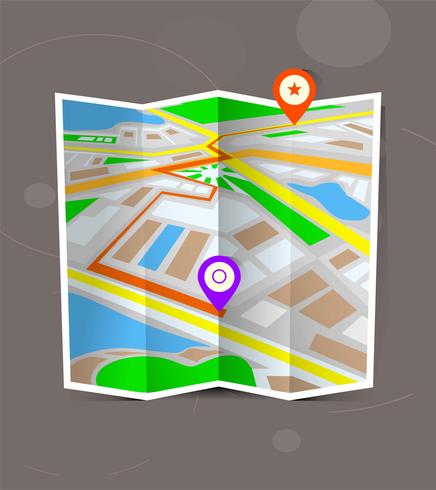 Abstracte gevouwen stadskaart met locatiemarkeringen. vector