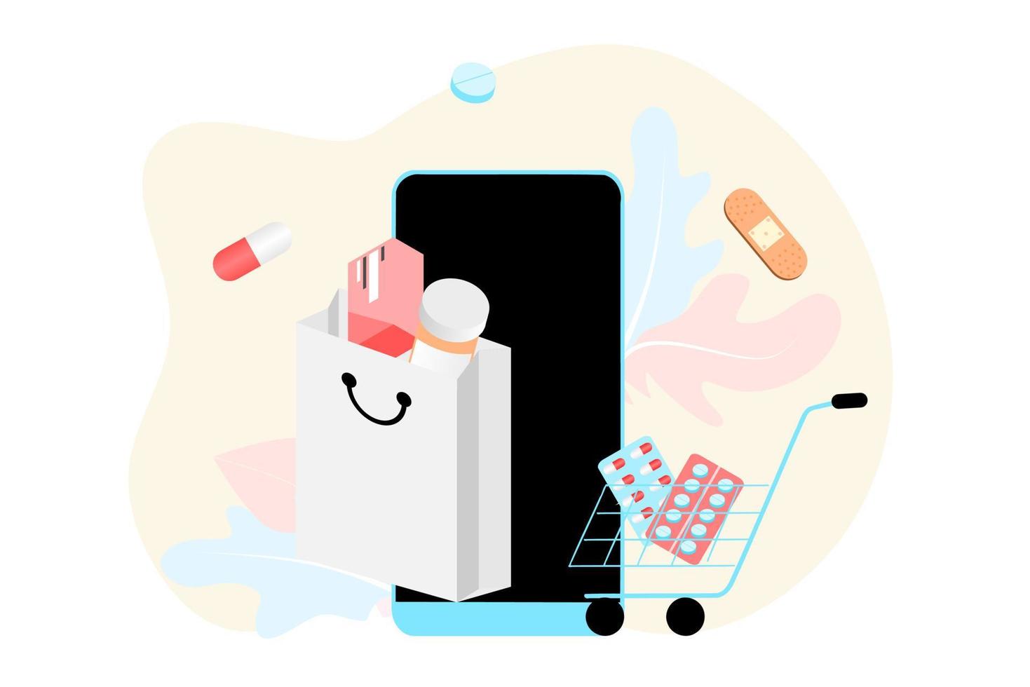 online apotheek app concept van gezondheidszorg, drogisterij en e-commerce. vectorillustratie van geneesmiddelen op recept, EHBO-kit en medische benodigdheden die online worden verkocht via web- of computertechnologie. vector