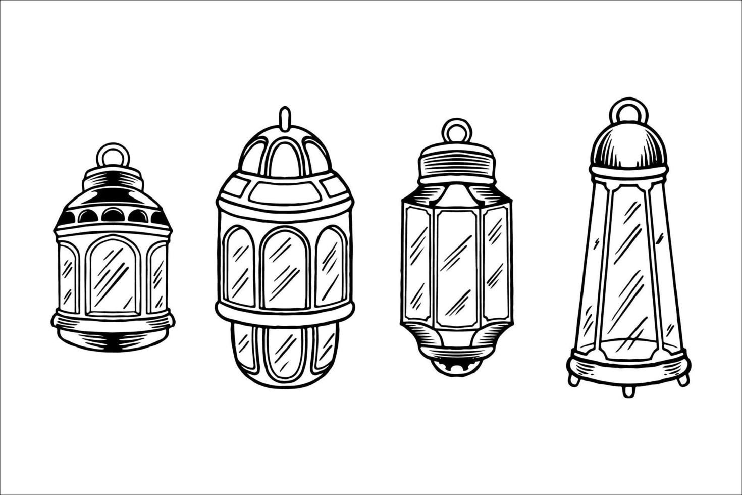 set handgetekende lantaarns voor ramadan in zwart-witte stijl. vector