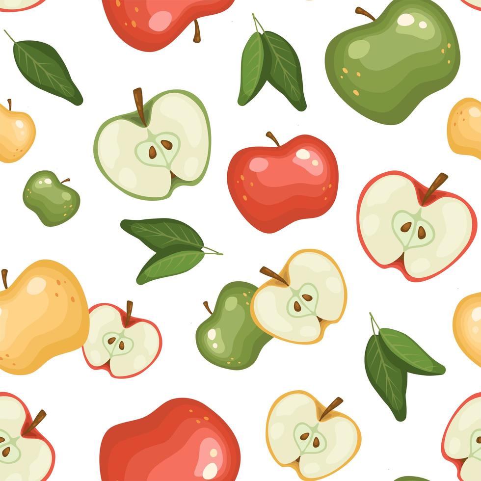 naadloze achtergrond van rijpe appels op een witte achtergrond. geel, groen en rood fruit, gehalveerd. vector patroon in een cartoon eenvoudige vlakke stijl.