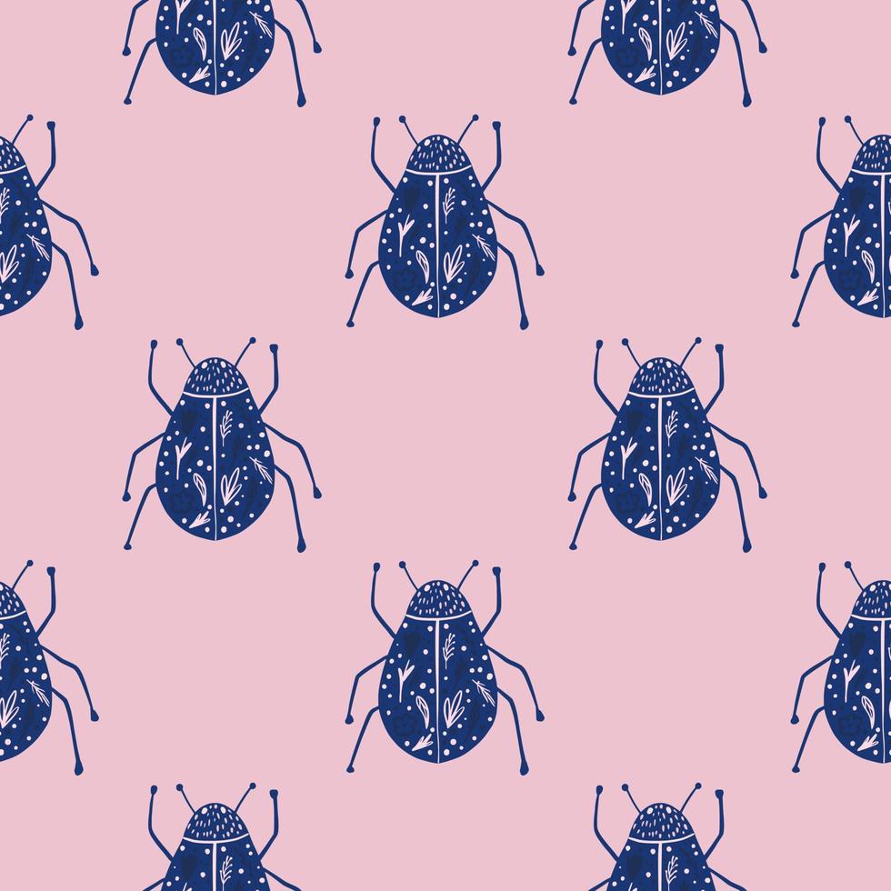 helder naadloos patroon met insecten handgetekende insecten. dierlijk botanisch kunstwerk met marineblauw ornament en roze achtergrond. vector