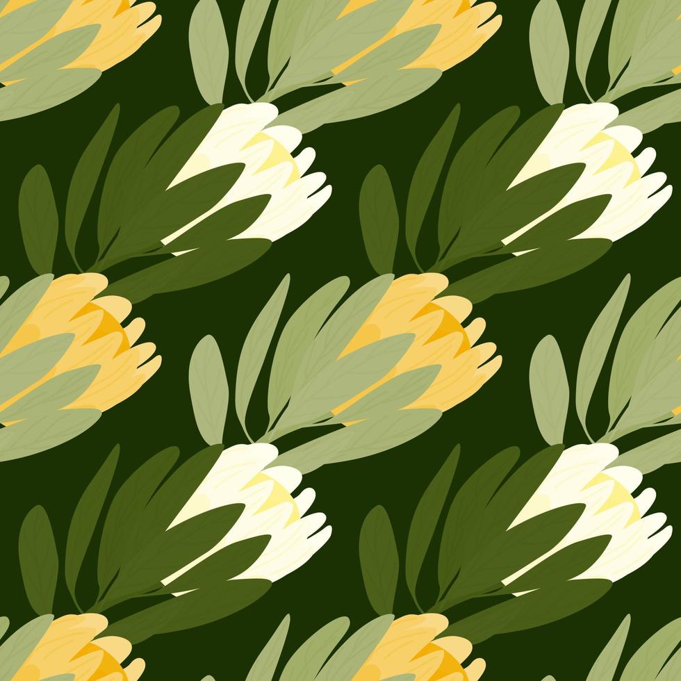 bloei natuur naadloos patroon met groene bladeren en witte en gele protea bloemen vormen. doodle kunstwerk. vector
