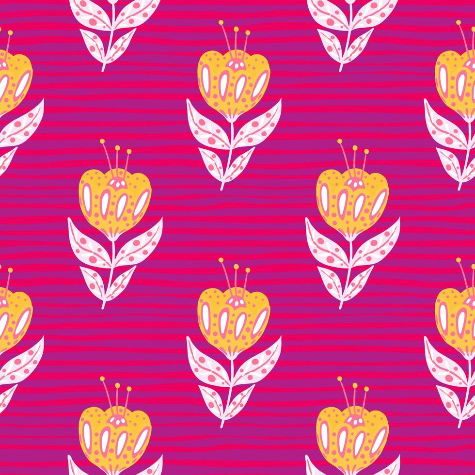 vintage naadloze doodle patroon met oranje gekleurde folk bloemen print. roze gestreepte achtergrond. etnische stijl. vector