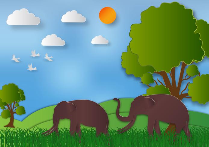 De stijl van de document kunst van Landschap met olifant en boom in de aard bewaar de wereld en de abstracte achtergrond van het ecologieidee, vectorillustratie vector
