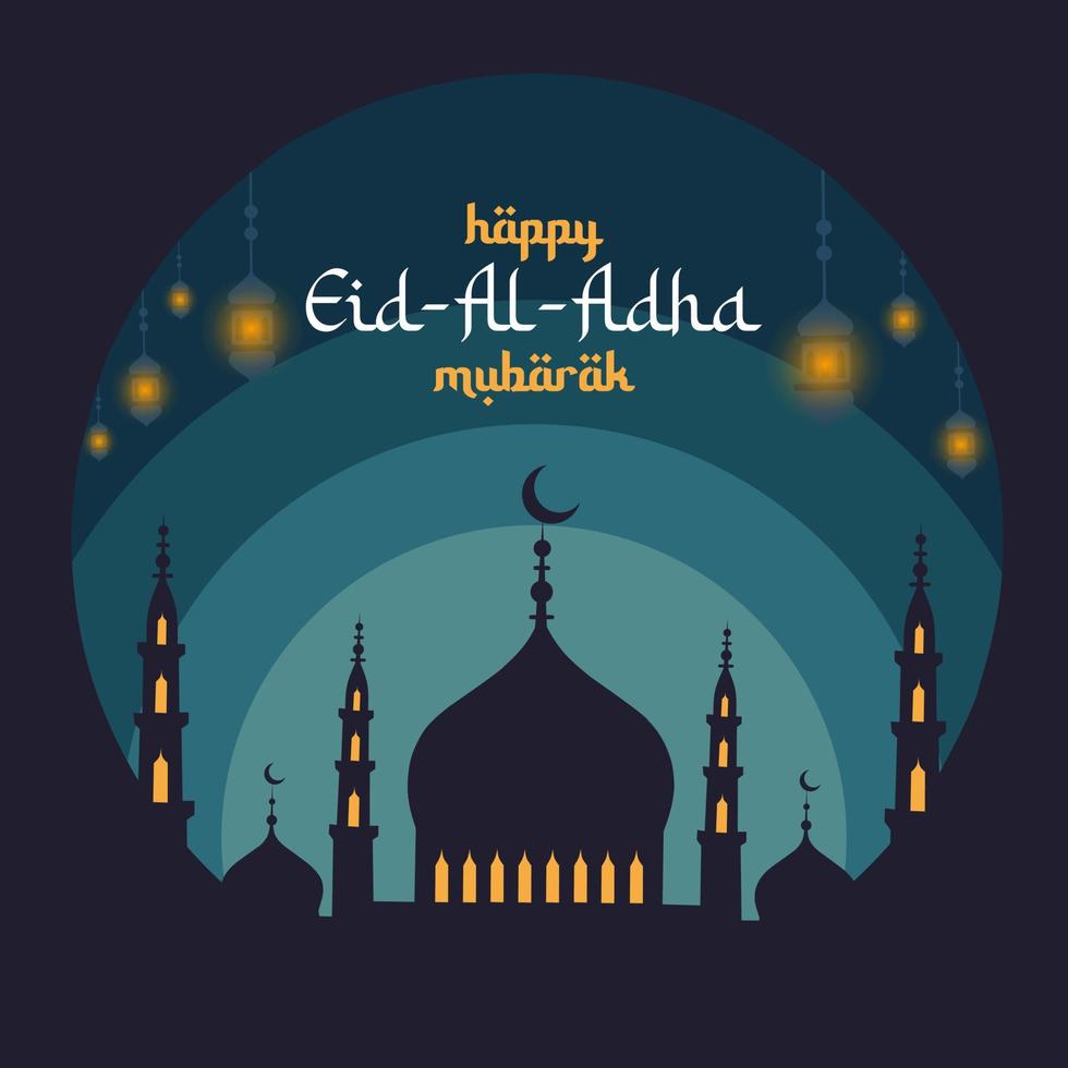 eid al-adha mubarak vertaald in het Engels als feest van het offer. getekende moskee nachtzicht met lantaarn. Arabische ontwerpachtergrond. wenskaart, uitnodiging, poster, flyer, banner, enz. vector