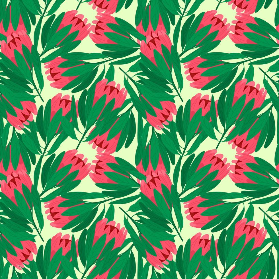 plakboek natuur naadloos patroon met groene gebladerte bladeren en roze protea bloemen. geïsoleerde afdrukken. vector