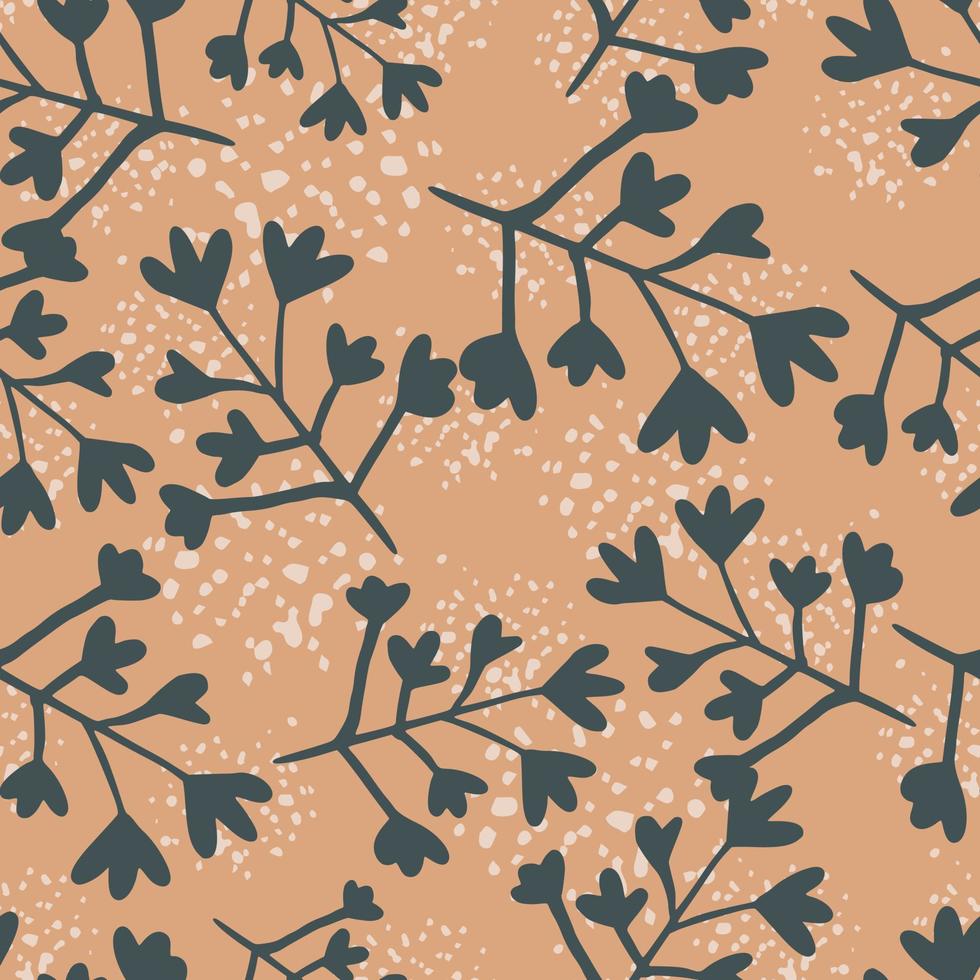 willekeurig naadloos patroon met bloemen en takken. botanische elementen in donkergrijze kleuren. beige achtergrond met spatten. vector